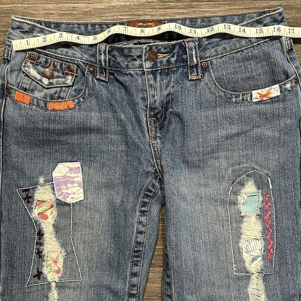 Be Good Size Large Patchwork Embroidered Denim Distressed Flare Jeans Y2K 00s - Picture 6 of 13